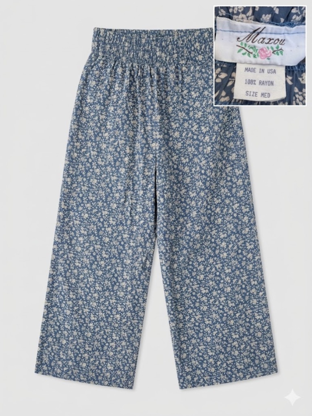 Vtg 90s Maxou Baroque Damask Wide-Leg Palazzo Flowy Ditsy Floral Pants Med Blue